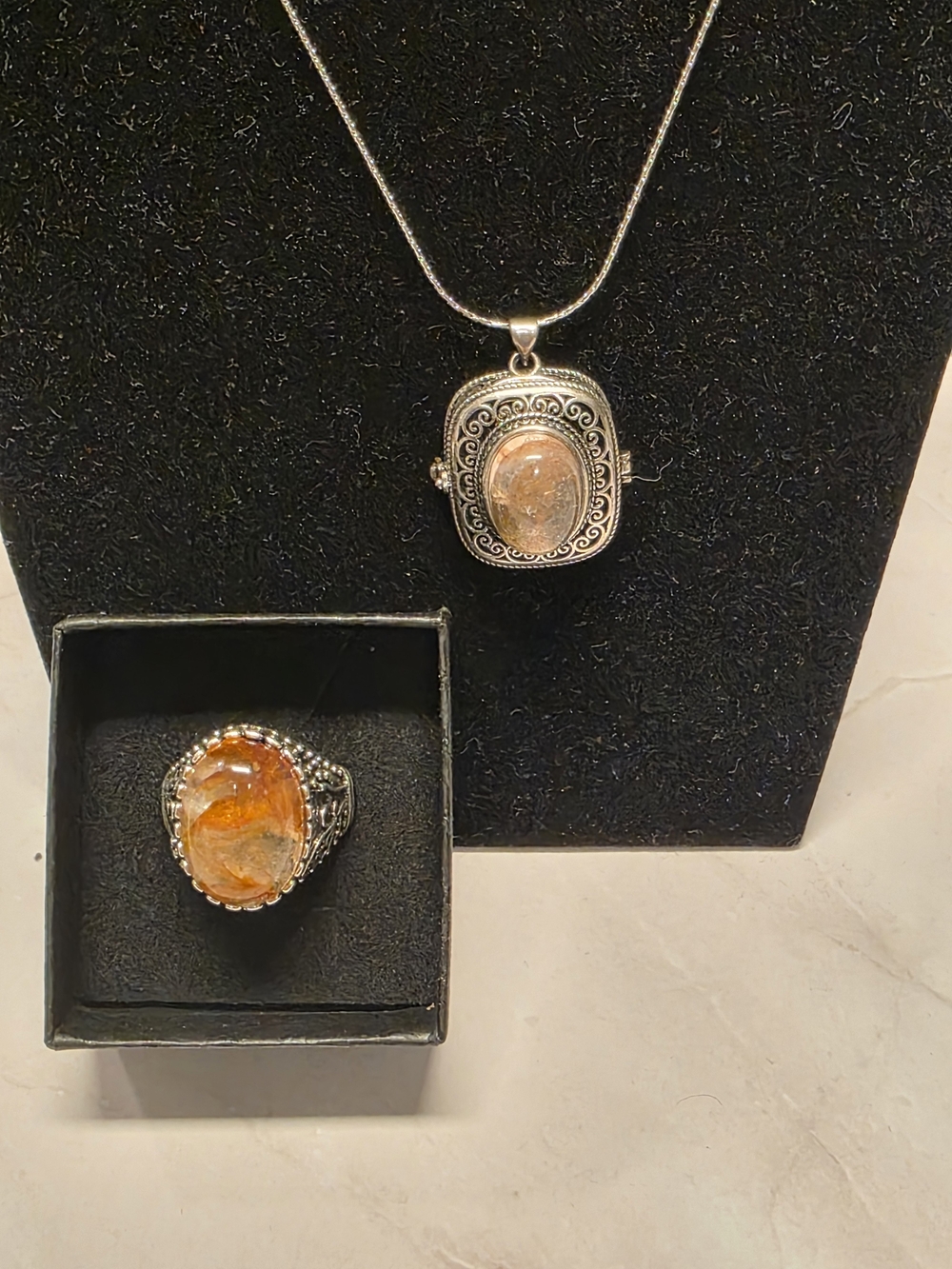 Silver Toned Fire Quartz Pendant Necklace and Ring Set